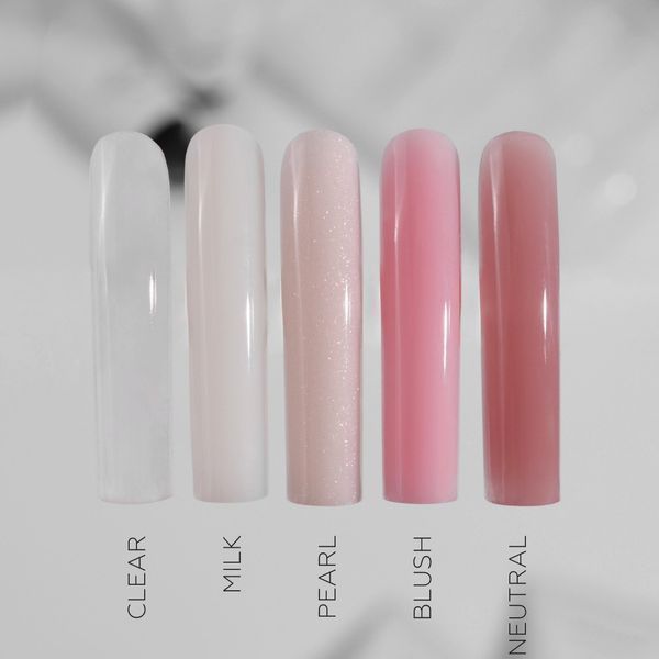 Палітра відтінків Acryl Gel GLOSS: Clear, Milk, Pearl, Blush, Neutral