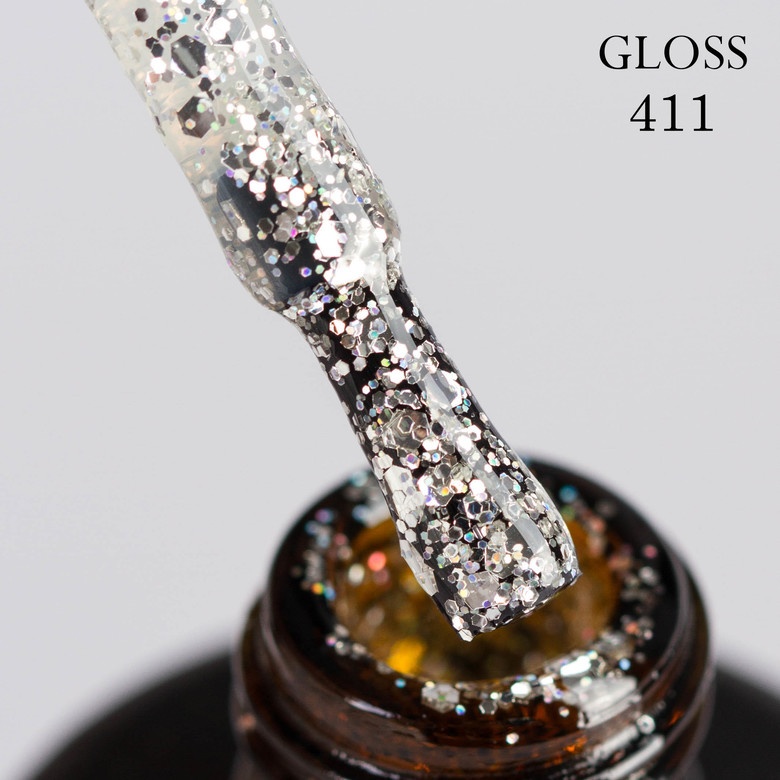 Гель-лак GLOSS 411 (серебристый, голографический микроблеск и блестки), 11 мл